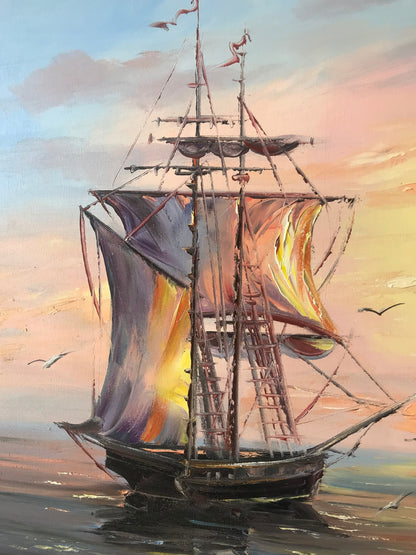 Framed Clipper Ship Painting Sunset Wall Art Pink Yellow Paintings on Canvas Nautical Artwork Sailing Painting Seascape Art Fireplace Decor