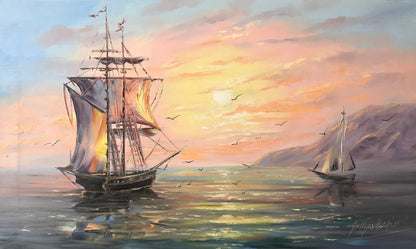 Framed Clipper Ship Painting Sunset Wall Art Pink Yellow Paintings on Canvas Nautical Artwork Sailing Painting Seascape Art Fireplace Decor