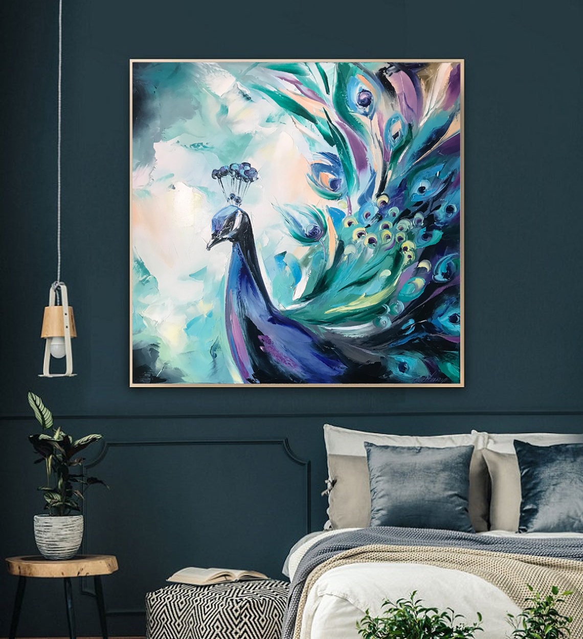 Peacock Oil Painting Original Bluebird Art Japanese Wall Art Abstract Peacock Feather Art Bird Painting South Asian Art Peacock Wall Decor