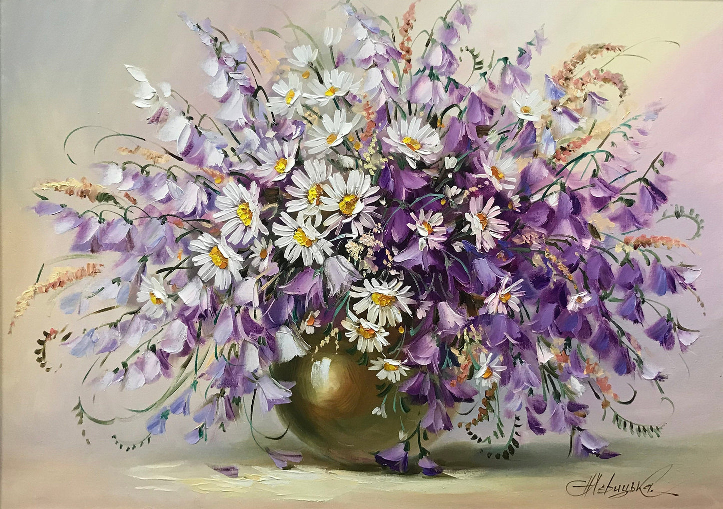 Purple Flowers Oil Painting Canvas Wildflowers Wall Art Daisies Original Art Bluebells Gift Kitchen Wall Decor Floral Still Life Painting