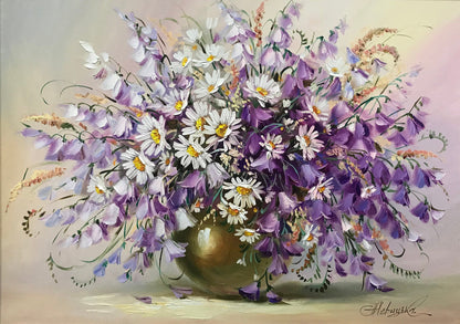 Purple Flowers Oil Painting Canvas Wildflowers Wall Art Daisies Original Art Bluebells Gift Kitchen Wall Decor Floral Still Life Painting