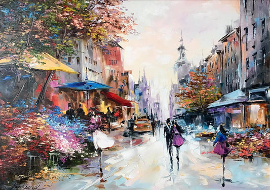 Romantic Oil Painting Original Paris Flower Market Art Couple Walking Together Painting on Canvas French Cafe Artwork