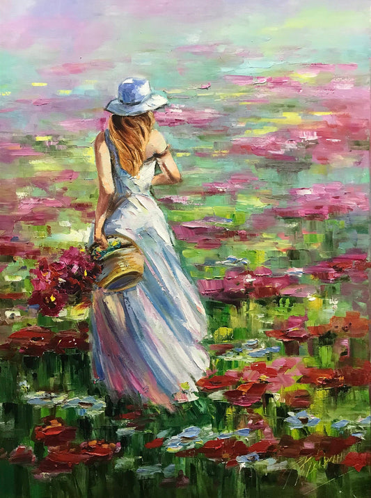 Women With Flower Basket Painting Original Summer Wall Decor Girl Birthday Gift Floral Meadow Art Colorful Flowers Field Painting on Canvas