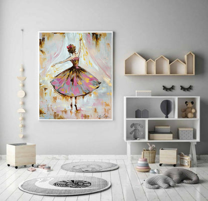 Pink and Gold Ballerina Canvas Painting Ballerina Girl Room Decor Ballet Artwork Abstract Ballerina Wall Art Nursery Painting for Baby Girl