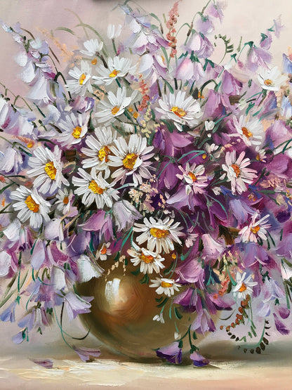 Purple Flowers Oil Painting Canvas Wildflowers Wall Art Daisies Original Art Bluebells Gift Kitchen Wall Decor Floral Still Life Painting