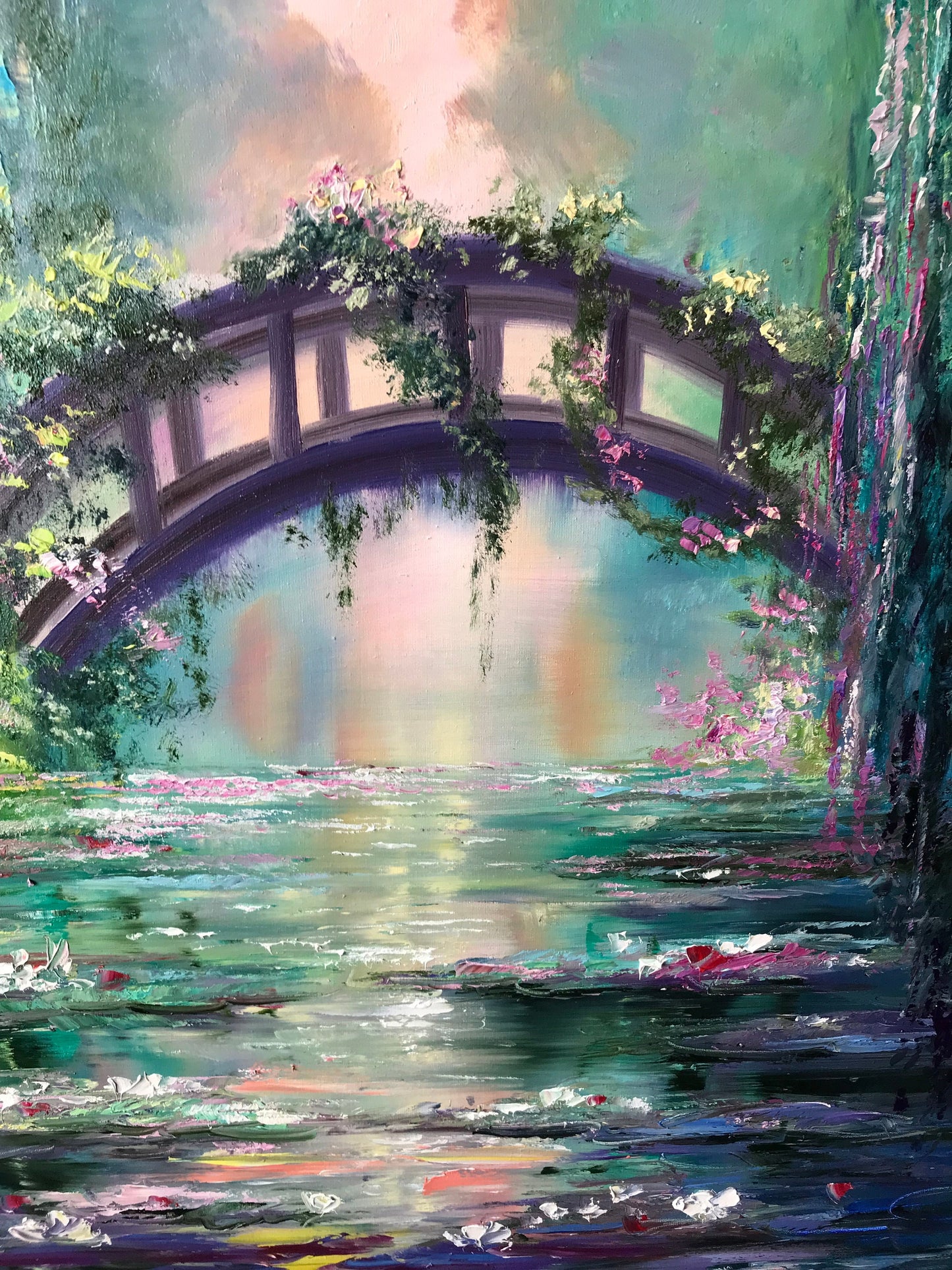 Claude Monet Water Lilies Oil Painting Impressionist Artist Blue and Green Nature Painting, Japanese Bridge Art, Water Lily Pond Artwork