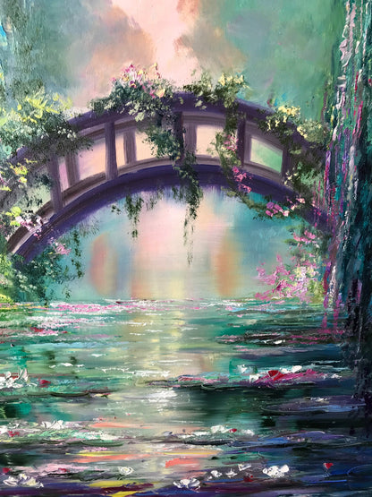 Claude Monet Water Lilies Oil Painting Impressionist Artist Blue and Green Nature Painting, Japanese Bridge Art, Water Lily Pond Artwork