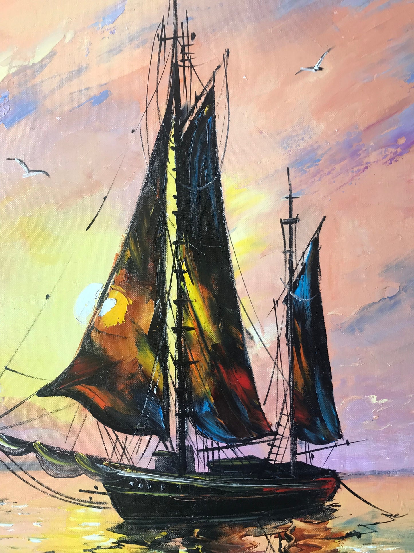 Large Boat Painting Original Sail Boat Wall Art Painting Sailboat in the Ocean Artwork Ocean Sunset Oil Painting on Canvas Ship at Sea Art