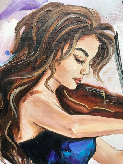 Beautiful Woman with Violin Oil Painting Abstract Girl Wall Art Young Lady Gift Music Art Luxury Painting Royal Blue Wall Art Musician Decor