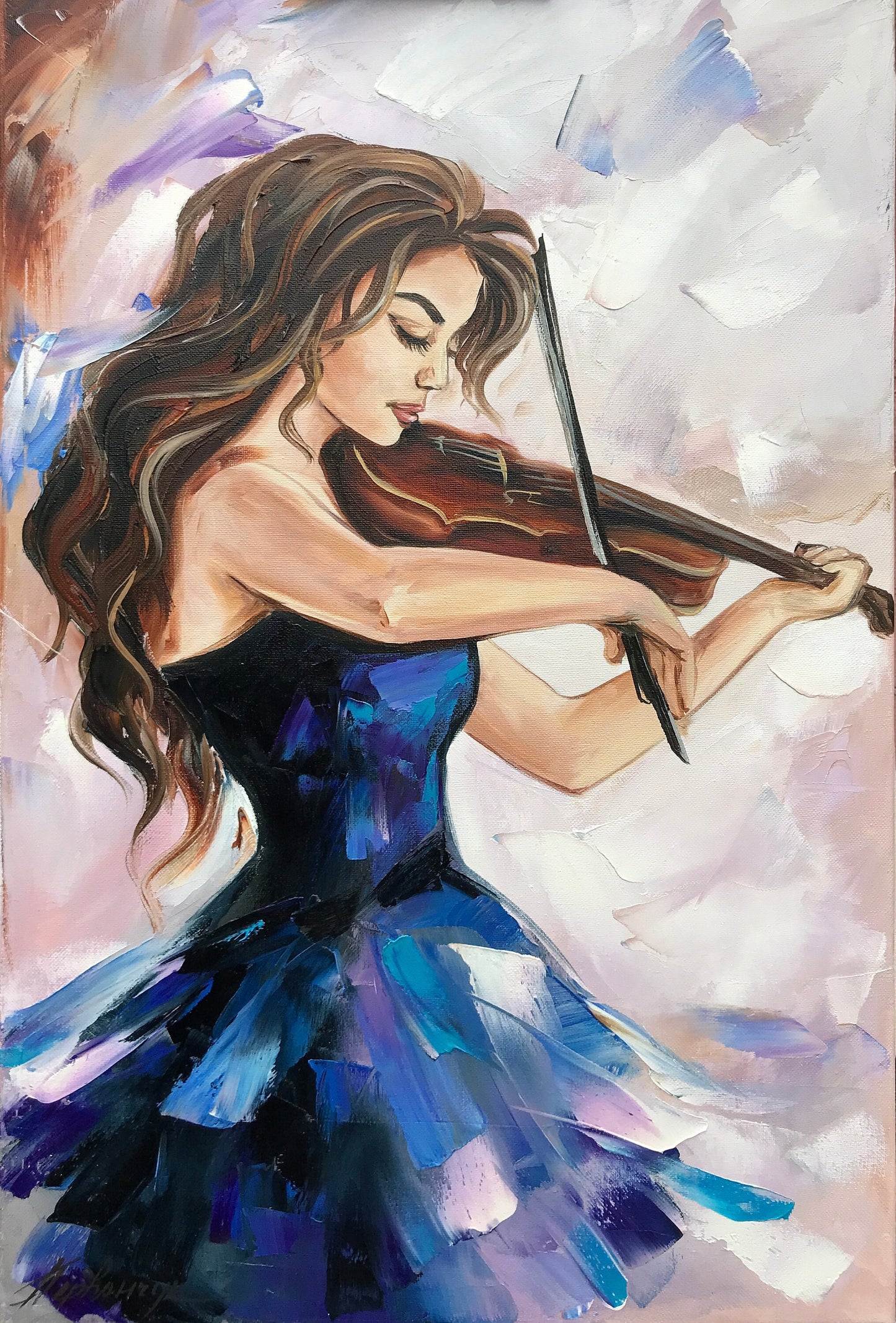 Beautiful Woman with Violin Oil Painting Abstract Girl Wall Art Young Lady Gift Music Art Luxury Painting Royal Blue Wall Art Musician Decor