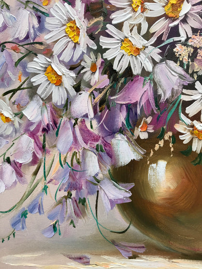 Purple Flowers Oil Painting Canvas Wildflowers Wall Art Daisies Original Art Bluebells Gift Kitchen Wall Decor Floral Still Life Painting