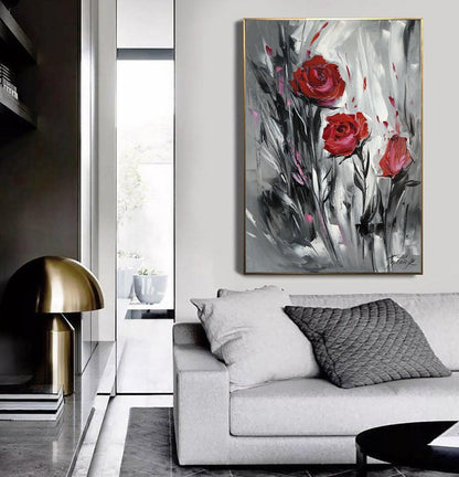 Extra large abstract black and white art Red flowers painting Black red wall art Rose painting on canvas Large floral XL Painting Abstract