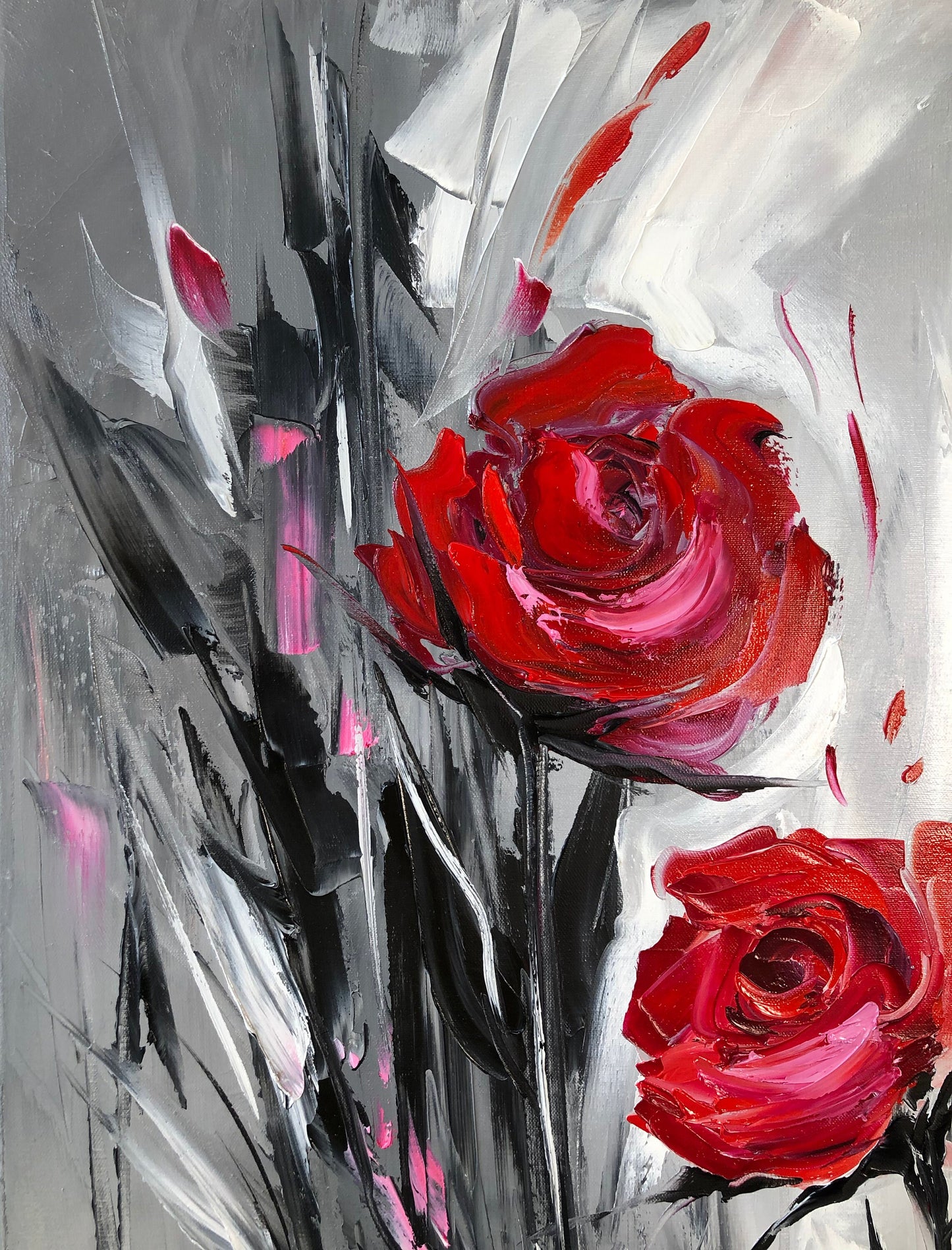 Extra large abstract black and white art Red flowers painting Black red wall art Rose painting on canvas Large floral XL Painting Abstract