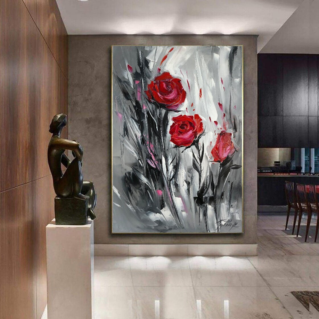 Extra large abstract black and white art Red flowers painting Black red wall art Rose painting on canvas Large floral XL Painting Abstract