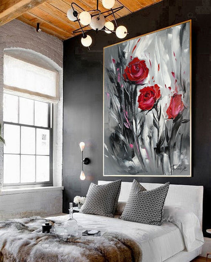 Extra large abstract black and white art Red flowers painting Black red wall art Rose painting on canvas Large floral XL Painting Abstract