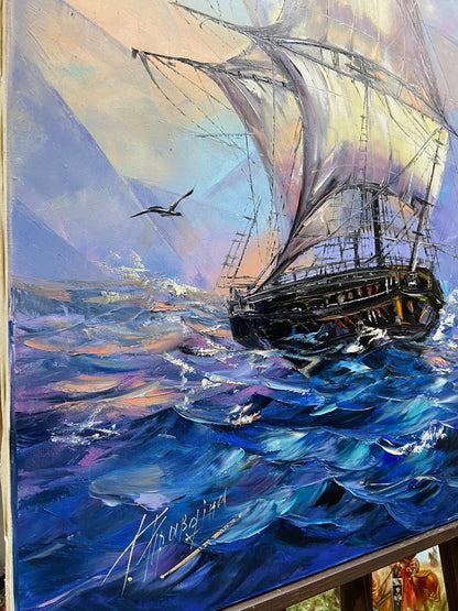 Sail Boat Oil Painting on Canvas, Blue Ship Oil Painting, Sailing Ship Art, Handmade Oil Painting Sea, Large Sailboat Oil Painting Original