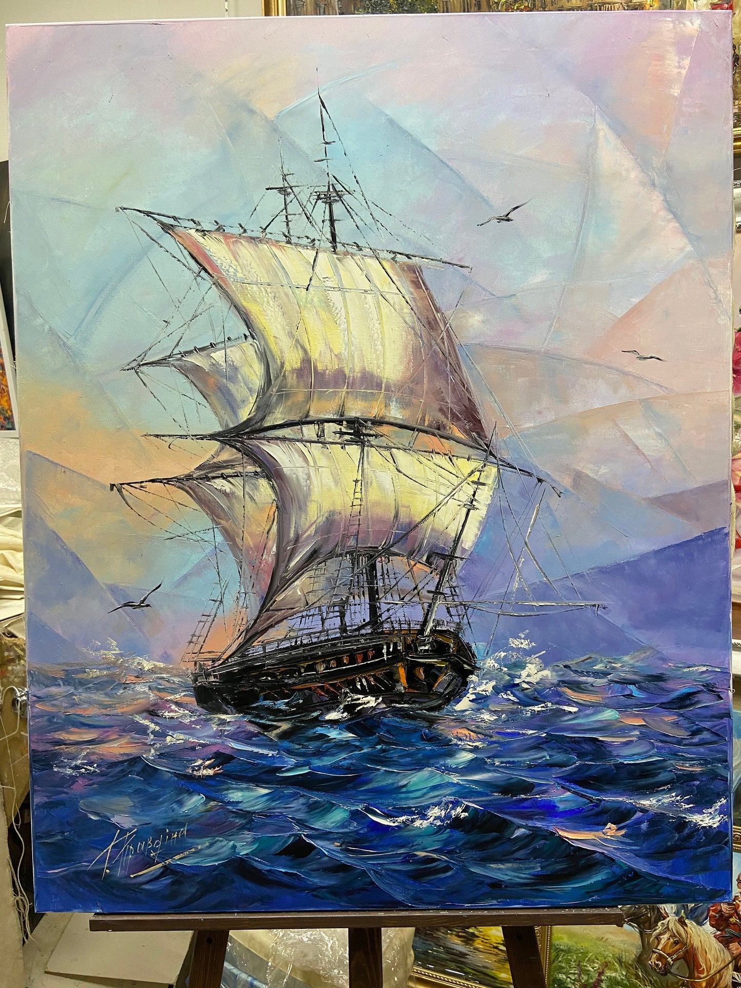 Sail Boat Oil Painting on Canvas, Blue Ship Oil Painting, Sailing Ship Art, Handmade Oil Painting Sea, Large Sailboat Oil Painting Original