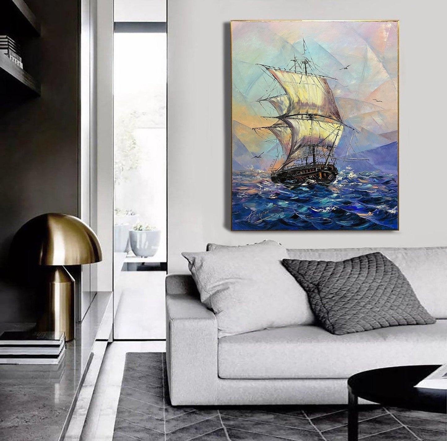 Sail Boat Oil Painting on Canvas, Blue Ship Oil Painting, Sailing Ship Art, Handmade Oil Painting Sea, Large Sailboat Oil Painting Original