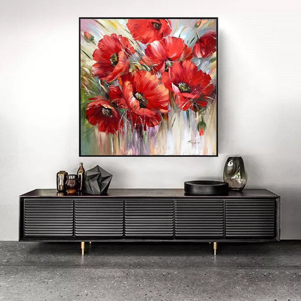 Abstract Poppy Painting on Canvas Aesthetic Painting 30x30 Above Bed Decor Square Art California Poppies Gifts Red Flowers Painting 36x36"