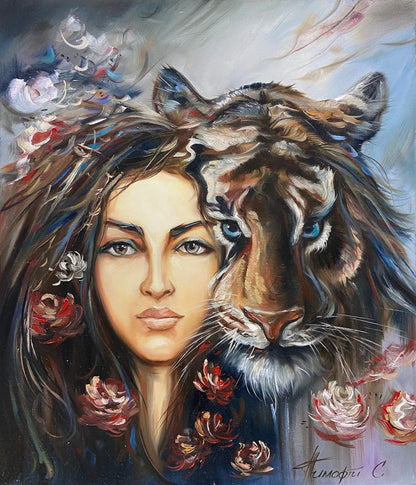 Girl with Tiger Oil Painting Original Wild Animal Face Painting on Canvas Tiger Girl Wall Art Woman and Tiger Painting Tiger Lover Gifts