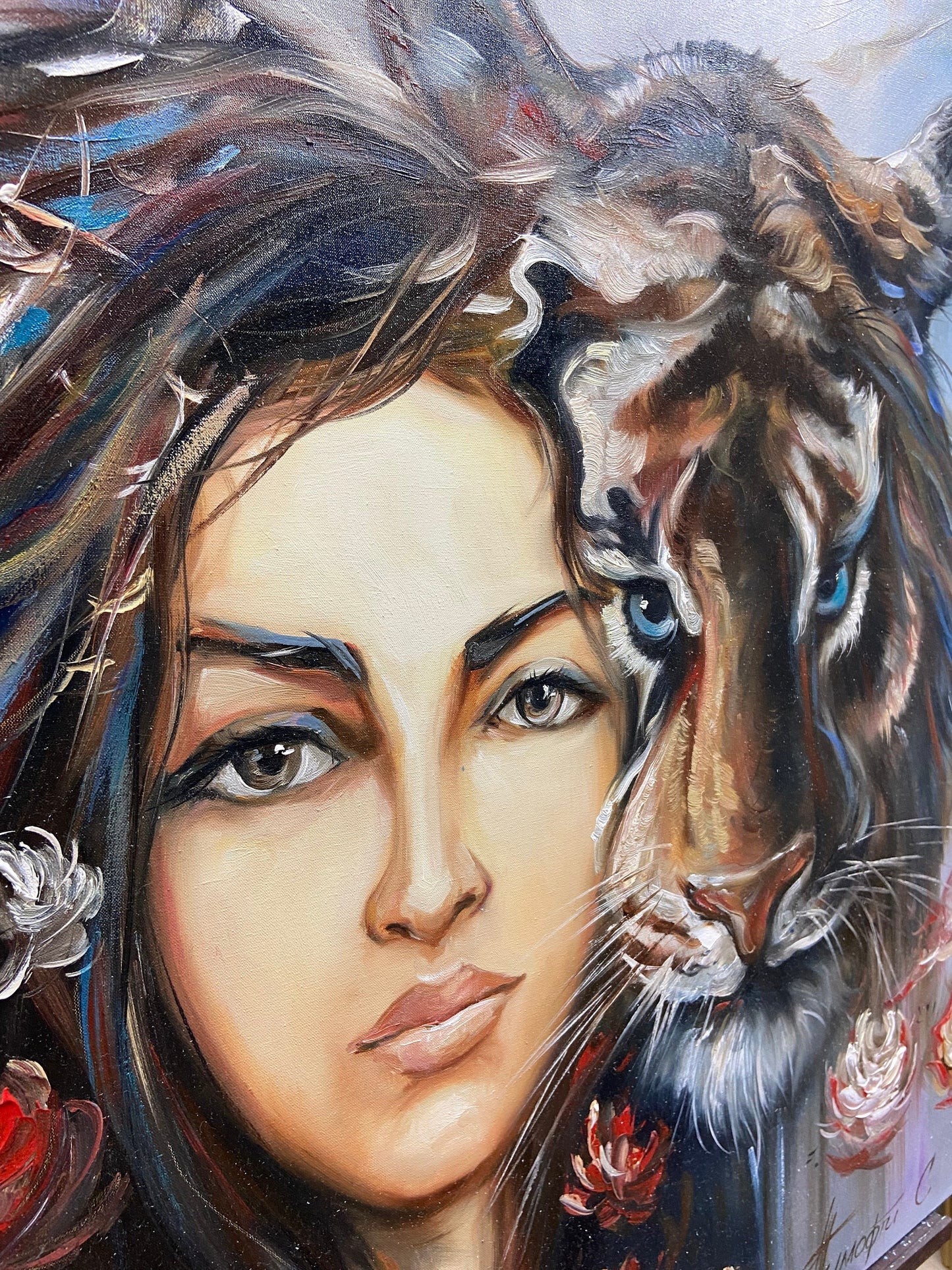 Girl with Tiger Oil Painting Original Wild Animal Face Painting on Canvas Tiger Girl Wall Art Woman and Tiger Painting Tiger Lover Gifts