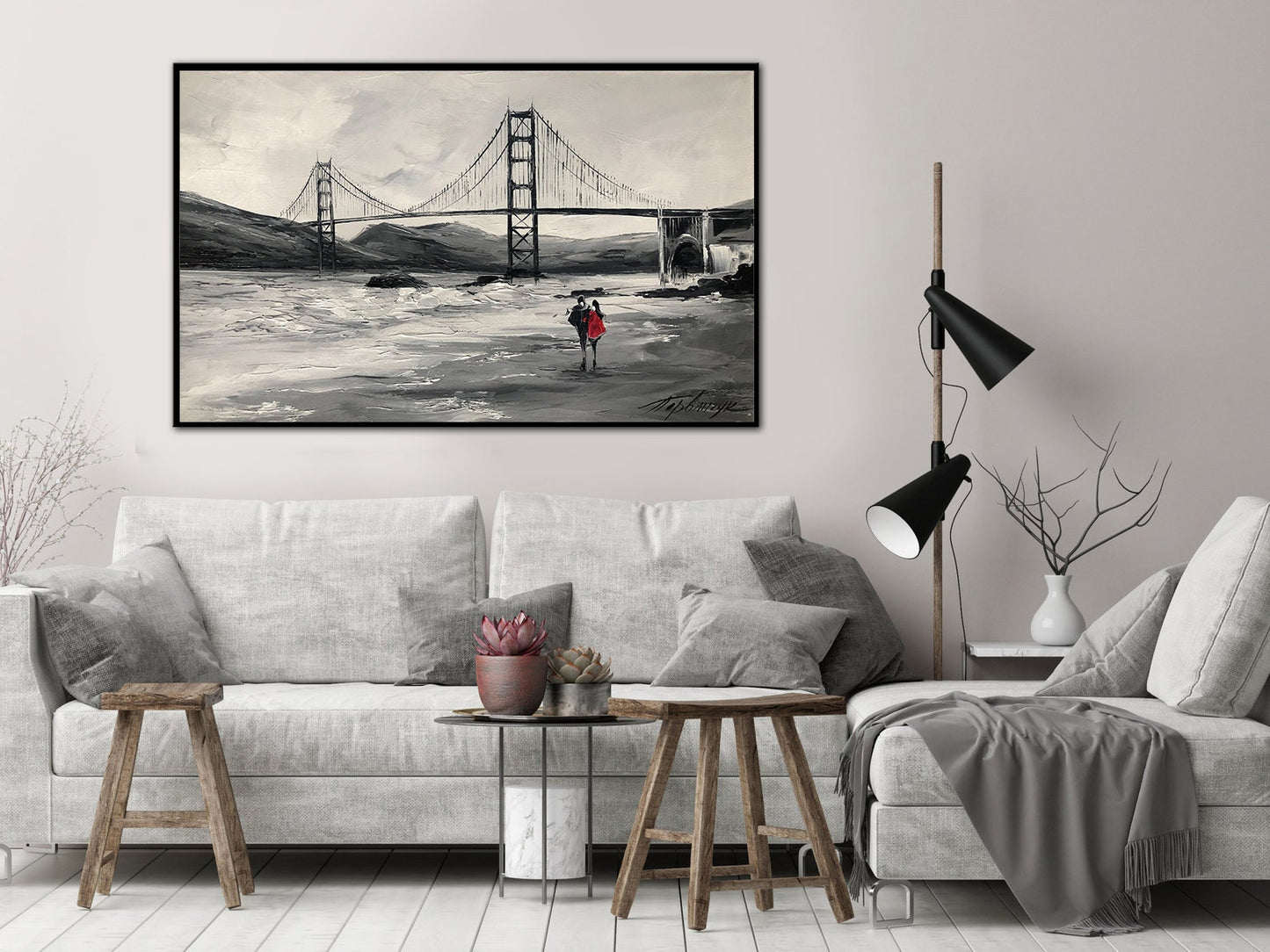 Golden Gate Bridge Painting, San Francisco Art Baker Beach Oil Painting, California Wall Art, Black and White San Francisco Skyline Painting