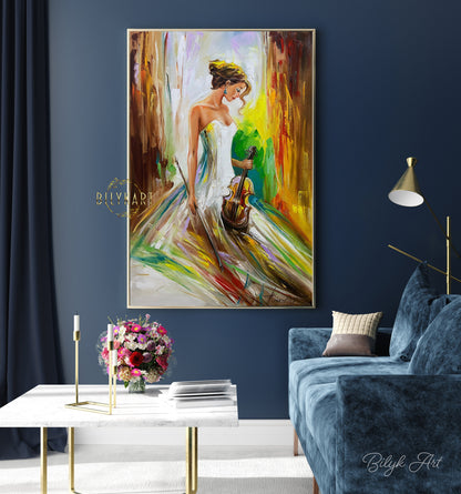 Woman with Violin Oil Painting Original Abstract Girl Canvas Art Gift for Violinist Music Decor For Wall Instrument Art Musician Posters