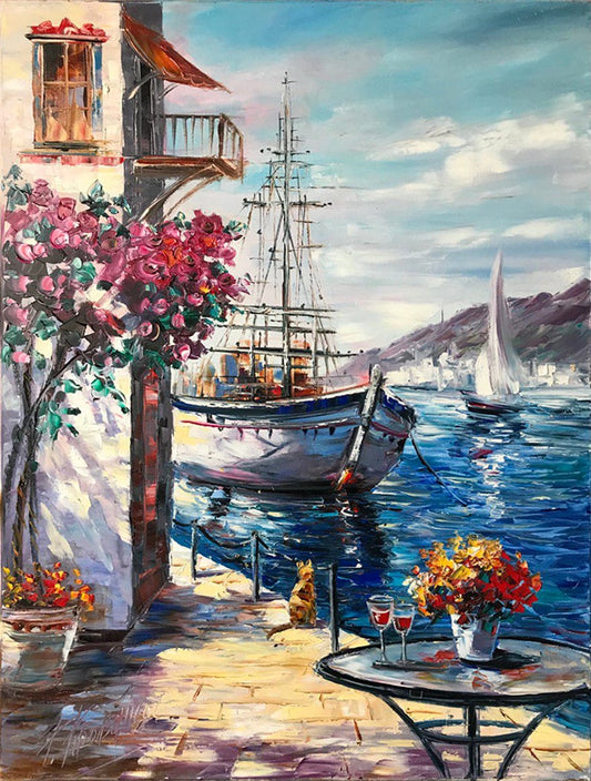 Original Greece Painting Santorini Oil Painting Landscape Mediterranean Wall Art With Gold Frame Sea Scene Art Greek House Painting Framed