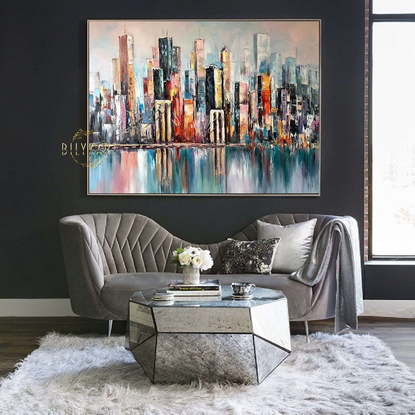 New York City Skyline Abstract Painting Large NYC Framed Wall Art | Manhattan Bridge Urban Landscapes Artwork | City Scapes Art