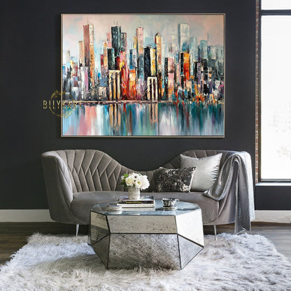 New York City Skyline Abstract Painting Large NYC Framed Wall Art | Manhattan Bridge Urban Landscapes Artwork | City Scapes Art