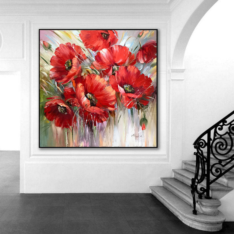 Abstract Poppy Painting on Canvas Aesthetic Painting 30x30 Above Bed Decor Square Art California Poppies Gifts Red Flowers Painting 36x36"