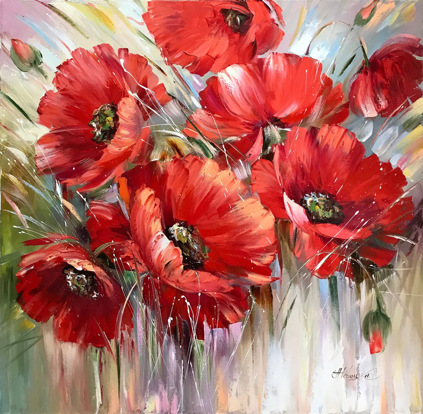 Abstract Poppy Painting on Canvas Aesthetic Painting 30x30 Above Bed Decor Square Art California Poppies Gifts Red Flowers Painting 36x36"