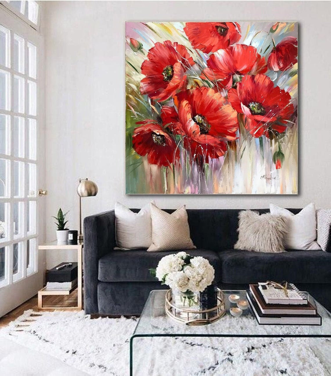 Abstract Poppy Painting on Canvas Aesthetic Painting 30x30 Above Bed Decor Square Art California Poppies Gifts Red Flowers Painting 36x36"