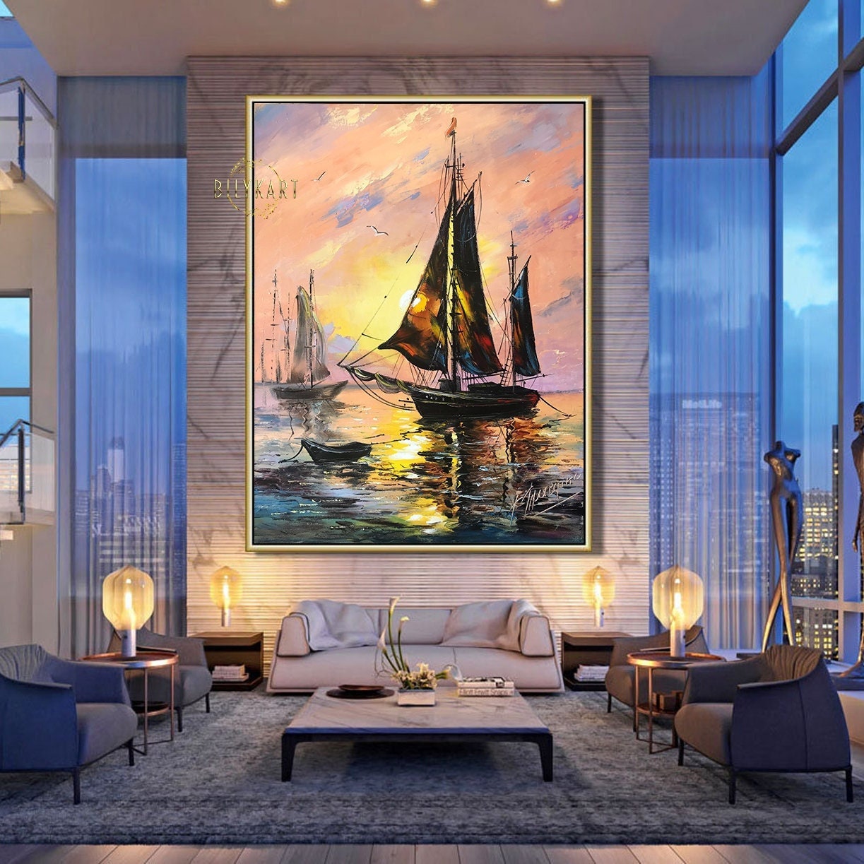 Large Boat Painting Original Sail Boat Wall Art Painting Sailboat in the Ocean Artwork Ocean Sunset Oil Painting on Canvas Ship at Sea Art