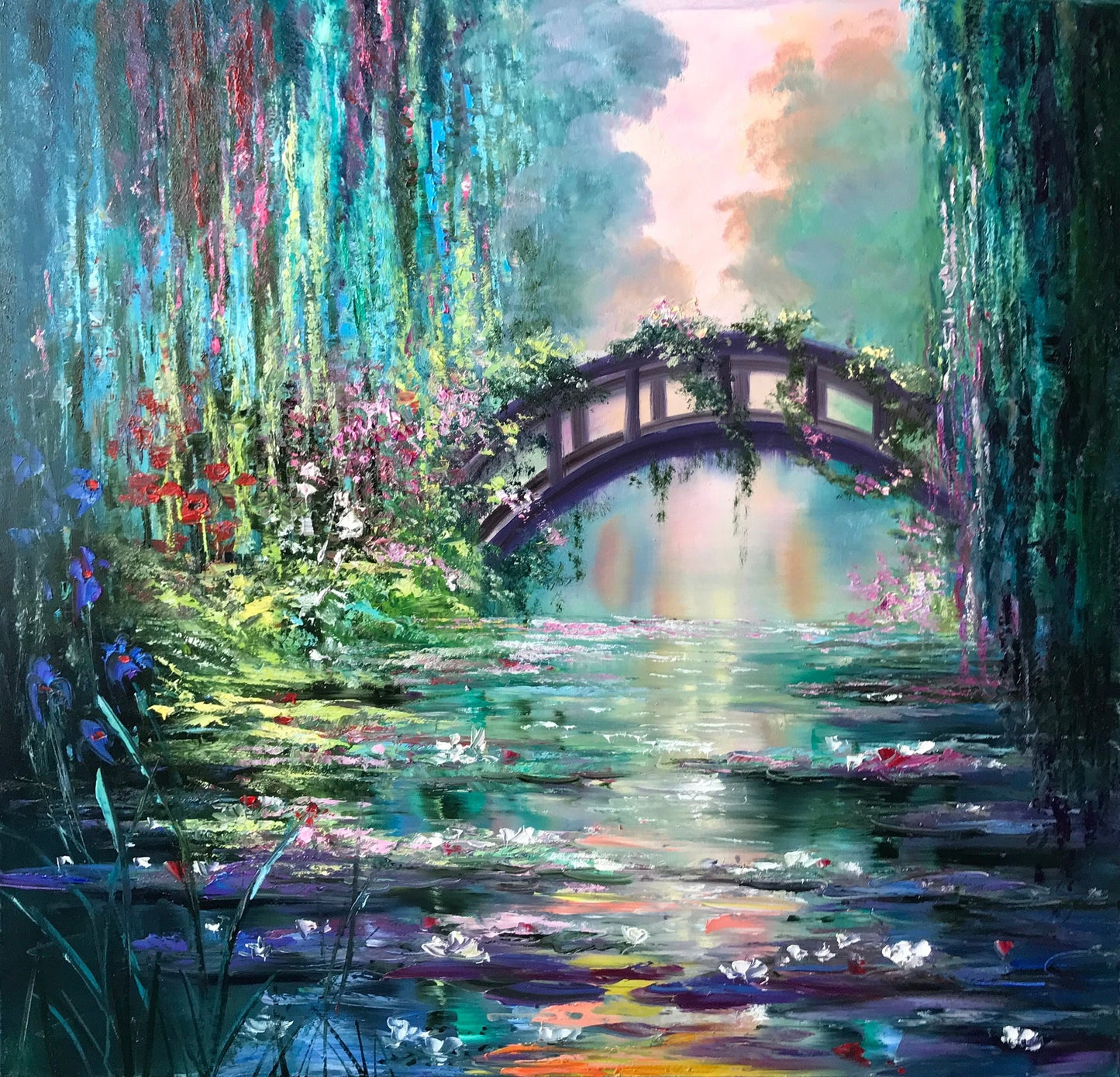 Claude Monet Water Lilies Oil Painting Impressionist Artist Blue and Green Nature Painting, Japanese Bridge Art, Water Lily Pond Artwork