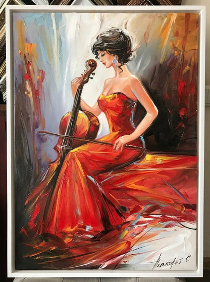 Cellist Oil Painting Original Girl Playing Cello Art Woman in Red Dress Painting Violinist Gifts Music Violin Artwork Musician Wall Art