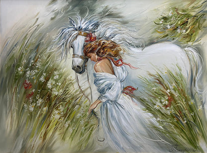 Elegant Lady with Horse Oil Painting, White Horse Girl Wall Art, Romanticism Beautiful Woman in Floral Meadow Painting on Canvas