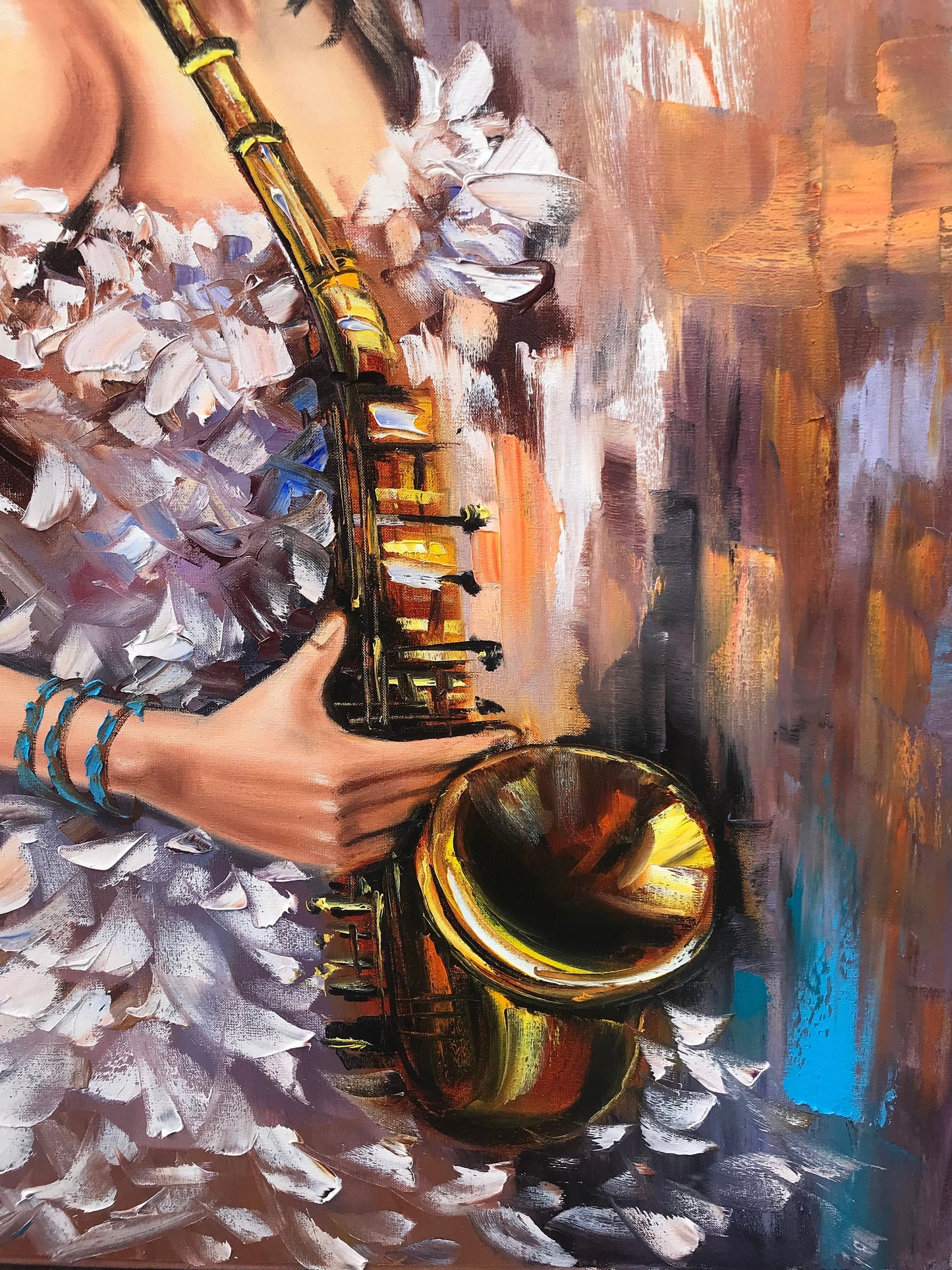 Saxophone Painting Jazz Music Art Original Female Oil Painting Woman in Hat Painting Music Player Gift Saxophonist Abstract Gold Painting