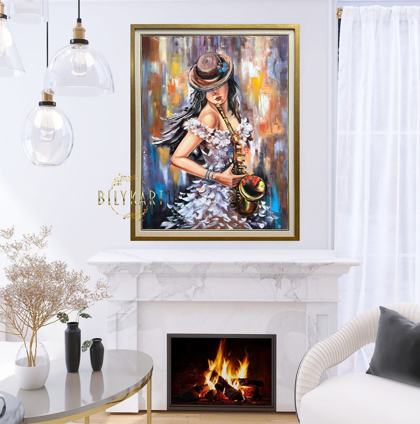 Saxophone Painting Jazz Music Art Original Female Oil Painting Woman in Hat Painting Music Player Gift Saxophonist Abstract Gold Painting