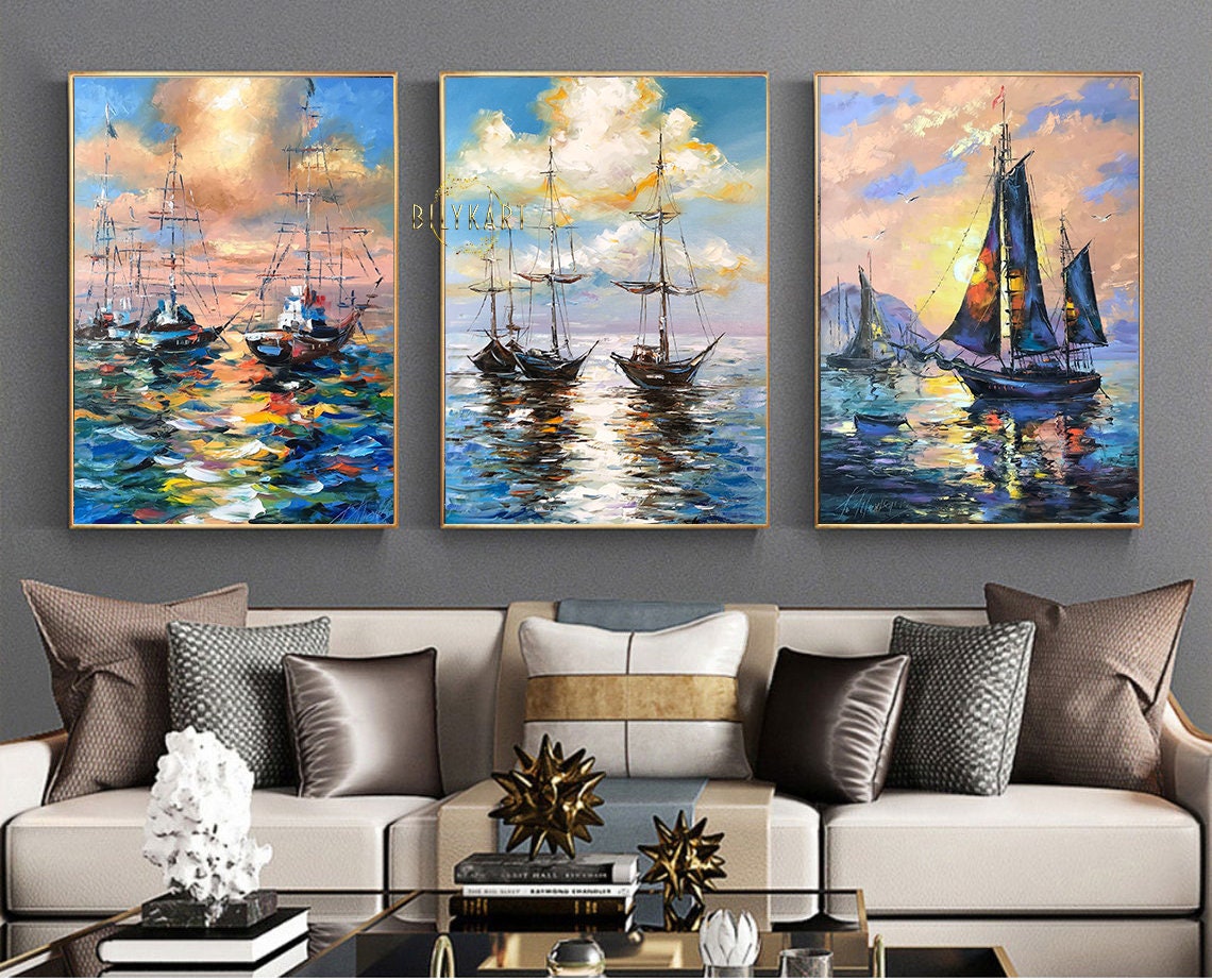 Set of 3 Wall Art Paintings Framed Sailboat Paintings on Canvas Large Sailing Ship Wall Art Sea Sailboat Canvas Art Large 3 Piece Canvas Set