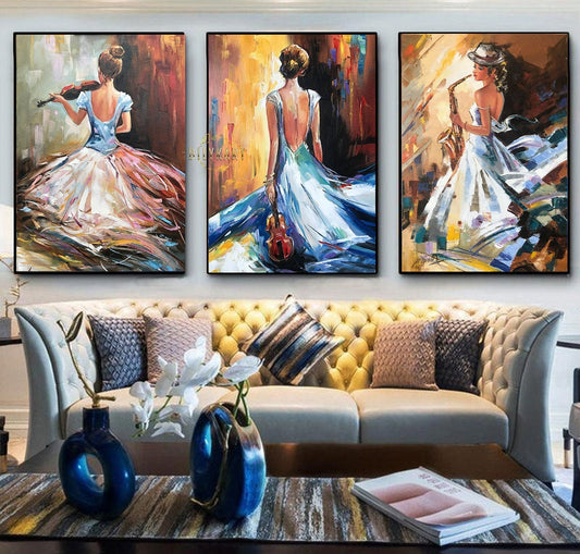 Three Piece Wall Art Abstract Women Paintings Original Art Work Musician Set of 3 Above Couch Wall Art Abstract Girls Paintings Art Set