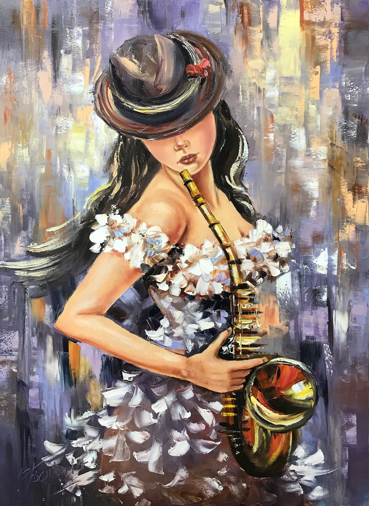 Jazz Painting Original Sax Player Wall Art Girl in Hat Painting Music Fan Gift Musician Artwork 24x36 Modern Saxophone Woman Oil Painting