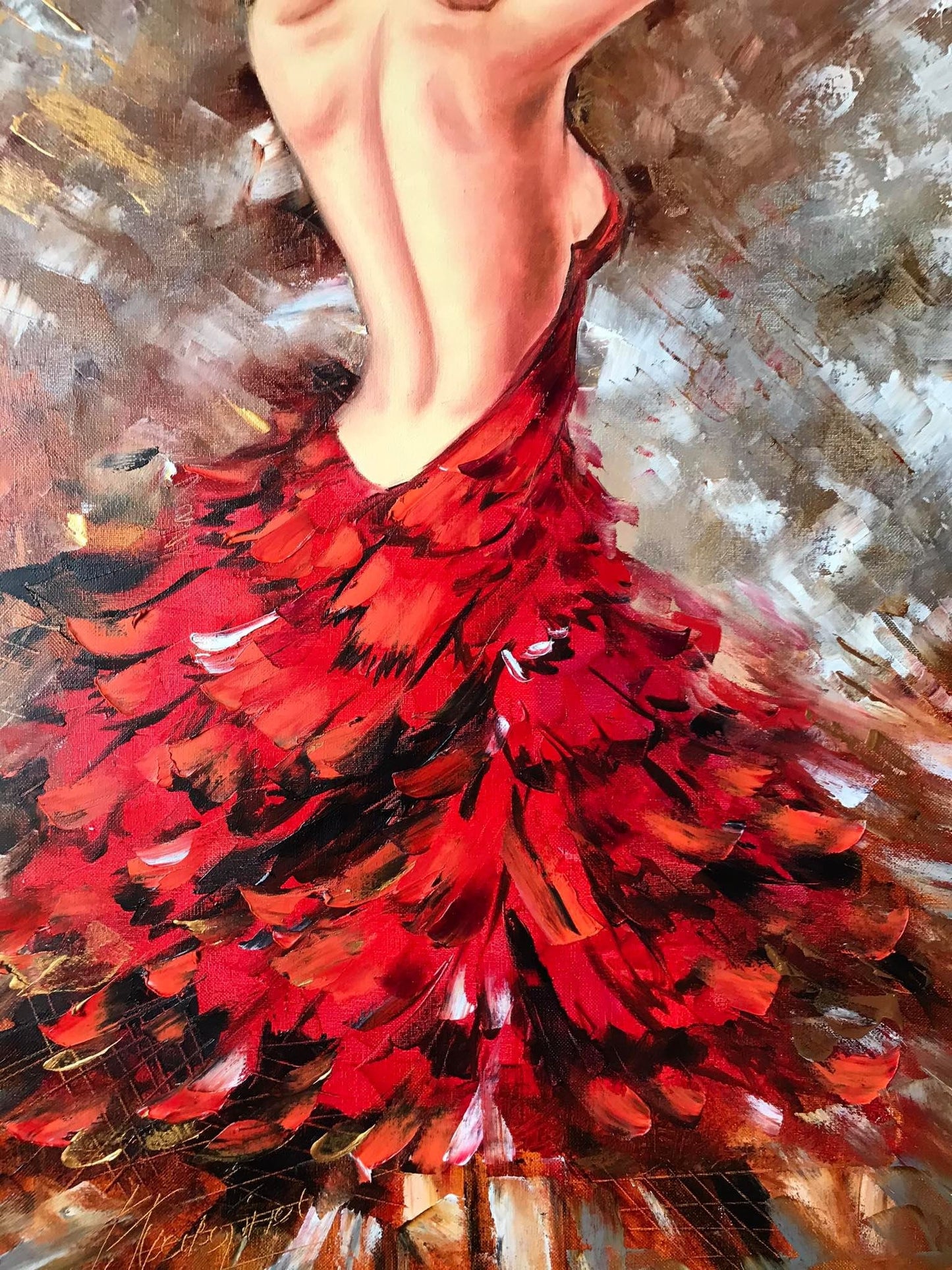 Lady in Red Oil Painting on Canvas Back of Woman Painting Elegant Artwork Figurative Painting Abstract Woman Wall Art 18x36 Tall Wall Decor