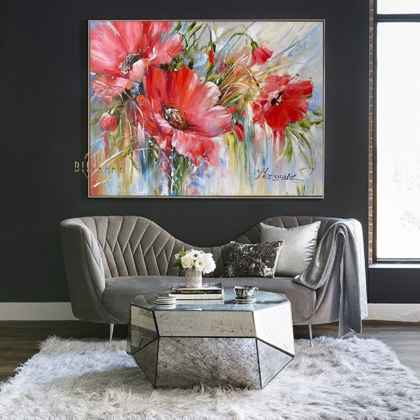 Red Poppies Original Painting, Large Blooming Flowers Wall Art, Poppy Painting Art on Canvas, Red Floral Decor with Frame, Poppies Wall Art