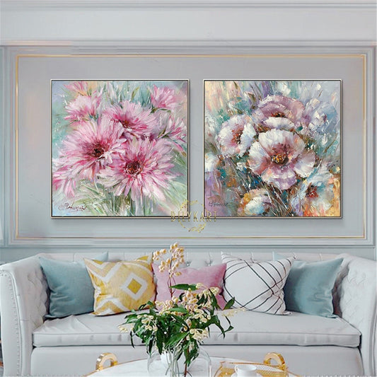 Set of 2 Painting Floral Wall Decor for Salon Flowers Paintings Pink Green Art 30x30 2 Abstract Flower Oil Painting Two Paintings Set 36x36