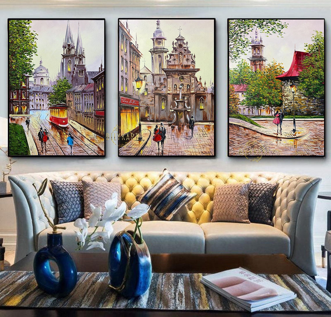 Set of 3 Painting Original European Town Paintings on Canvas Europe City Wall Gallery Set 3 Piece Wall Art Three City Paintings Set 24x36