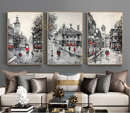 Three Piece Wall Art Black and Red Paintings on Canvas Retro Town Wall Art Lviv Oil Painting Black and White Art Work Old City Paintings Set