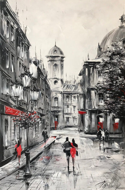 Three Piece Wall Art Black and Red Paintings on Canvas Retro Town Wall Art Lviv Oil Painting Black and White Art Work Old City Paintings Set