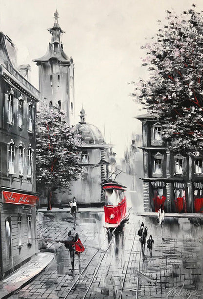 Three Piece Wall Art Black and Red Paintings on Canvas Retro Town Wall Art Lviv Oil Painting Black and White Art Work Old City Paintings Set