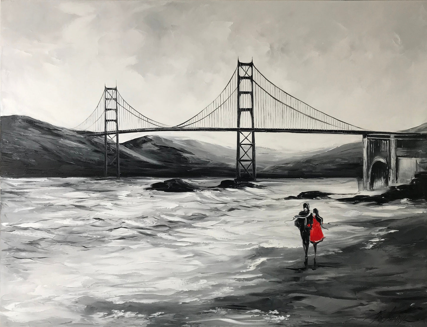 Golden Gate Bridge Painting, San Francisco Art Baker Beach Oil Painting, California Wall Art, Black and White San Francisco Skyline Painting